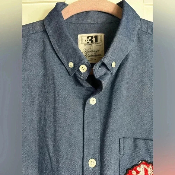 Simons jean denim button-down shirt, L, floral embroidery pocket, Unisex Western - Picture 4 of 9